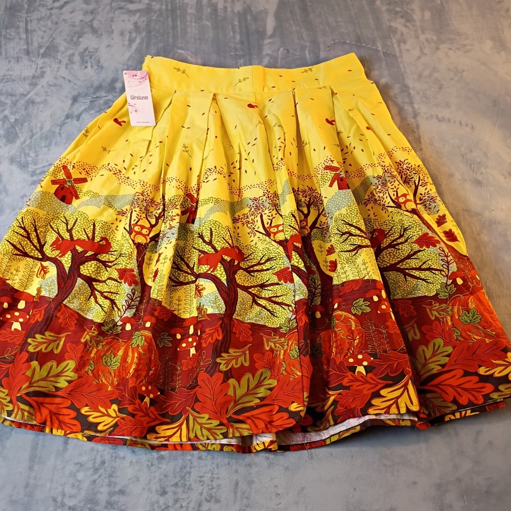 Girstunm Yellow Autumn Fox Owl Windmill Print Pleated A-Line Skirt NWT New
